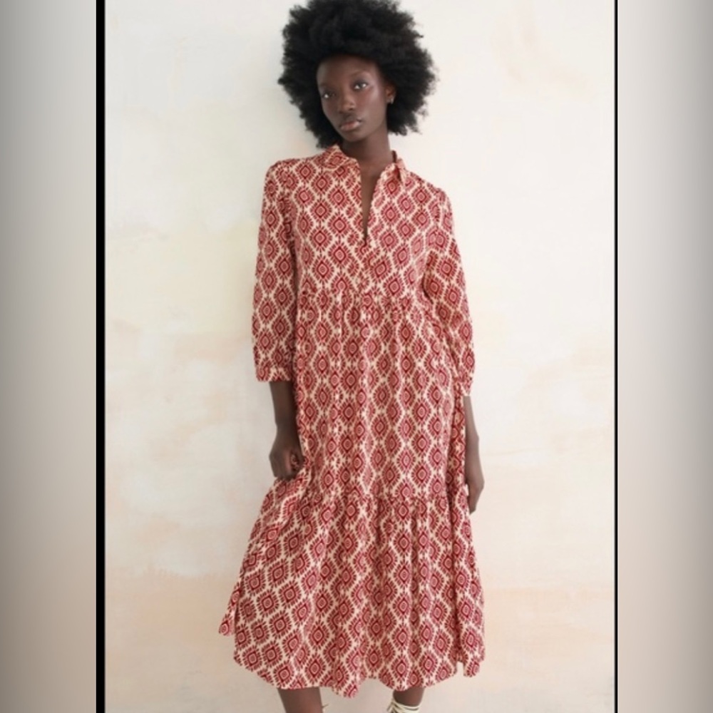 Zara Red Patterned Midi Dress XS